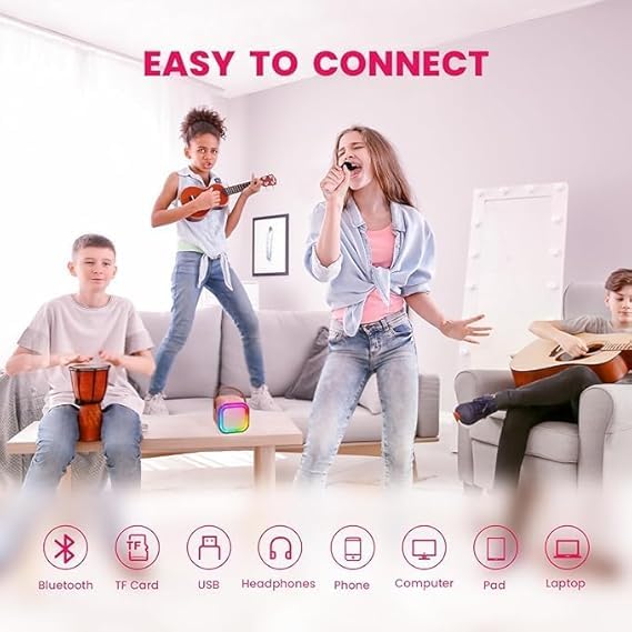 Kids' mini karaoke system with a white square LED Bluetooth speaker and a small matching handheld microphone for singing. www.usmile.toys